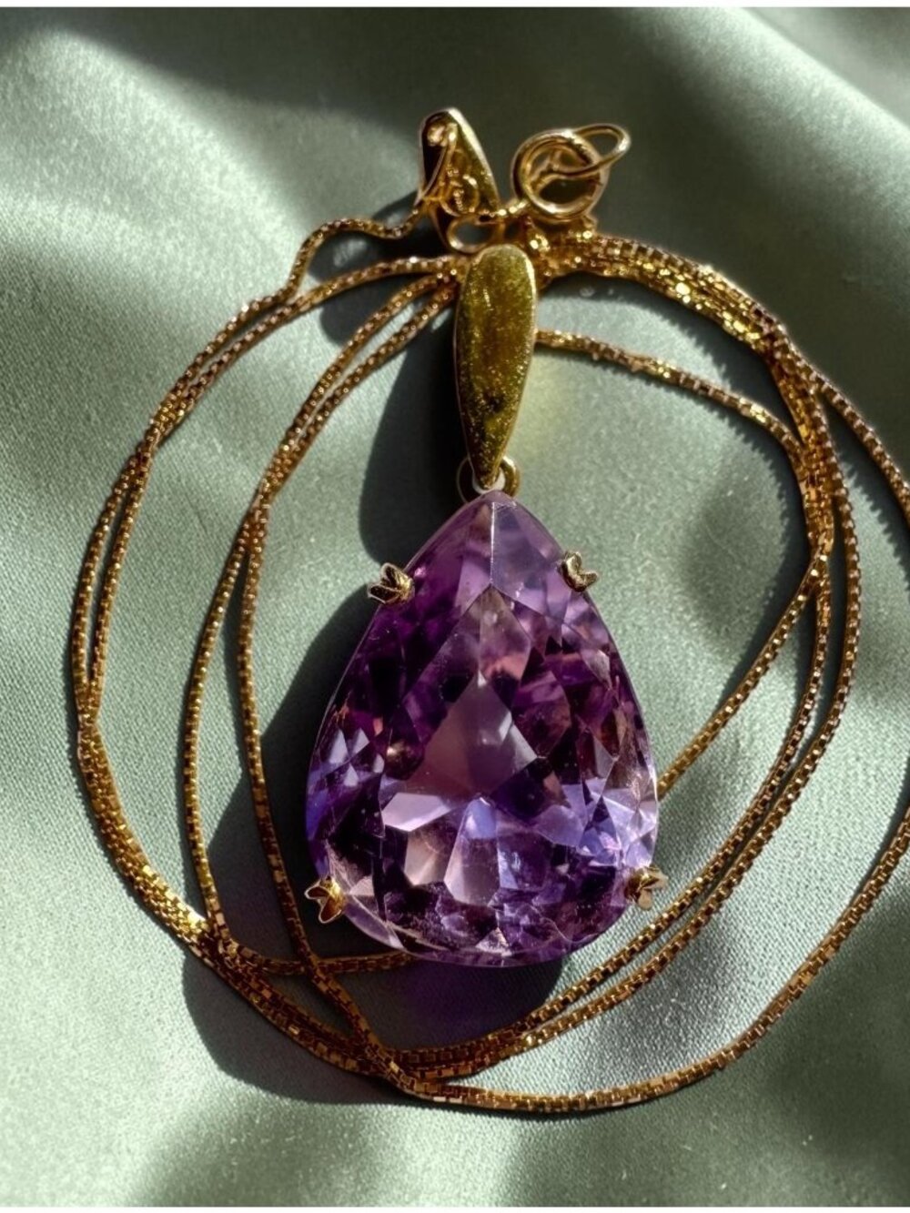 ESTATE- 18K Gold Natural Amethyst Necklace 18" Large 13ct Pear Cut Solitaire 750